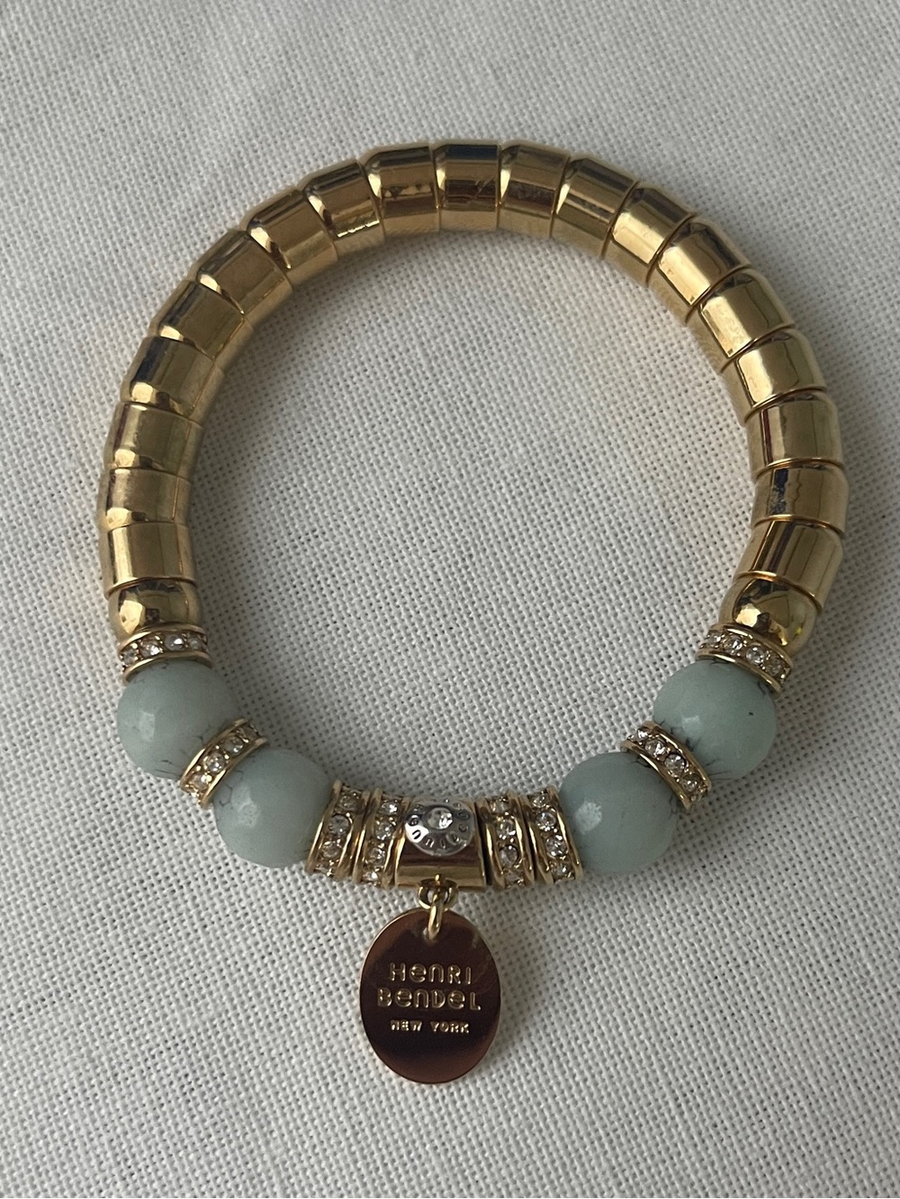henri bendel Gold Bracelet with Pale Green Beads and Crystal Accents